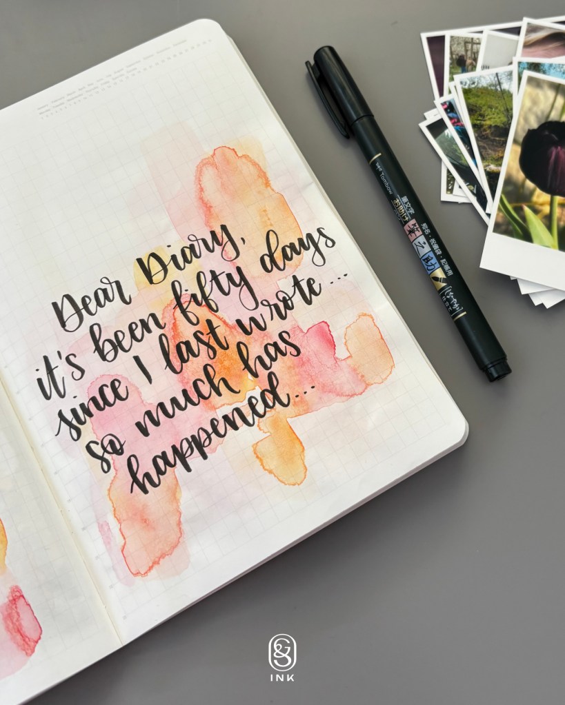"Dear Diary, it's been fifty days since I last wrote... so much has happened..." is written onto the page of an open journal, a stack of photos sits to the right.
